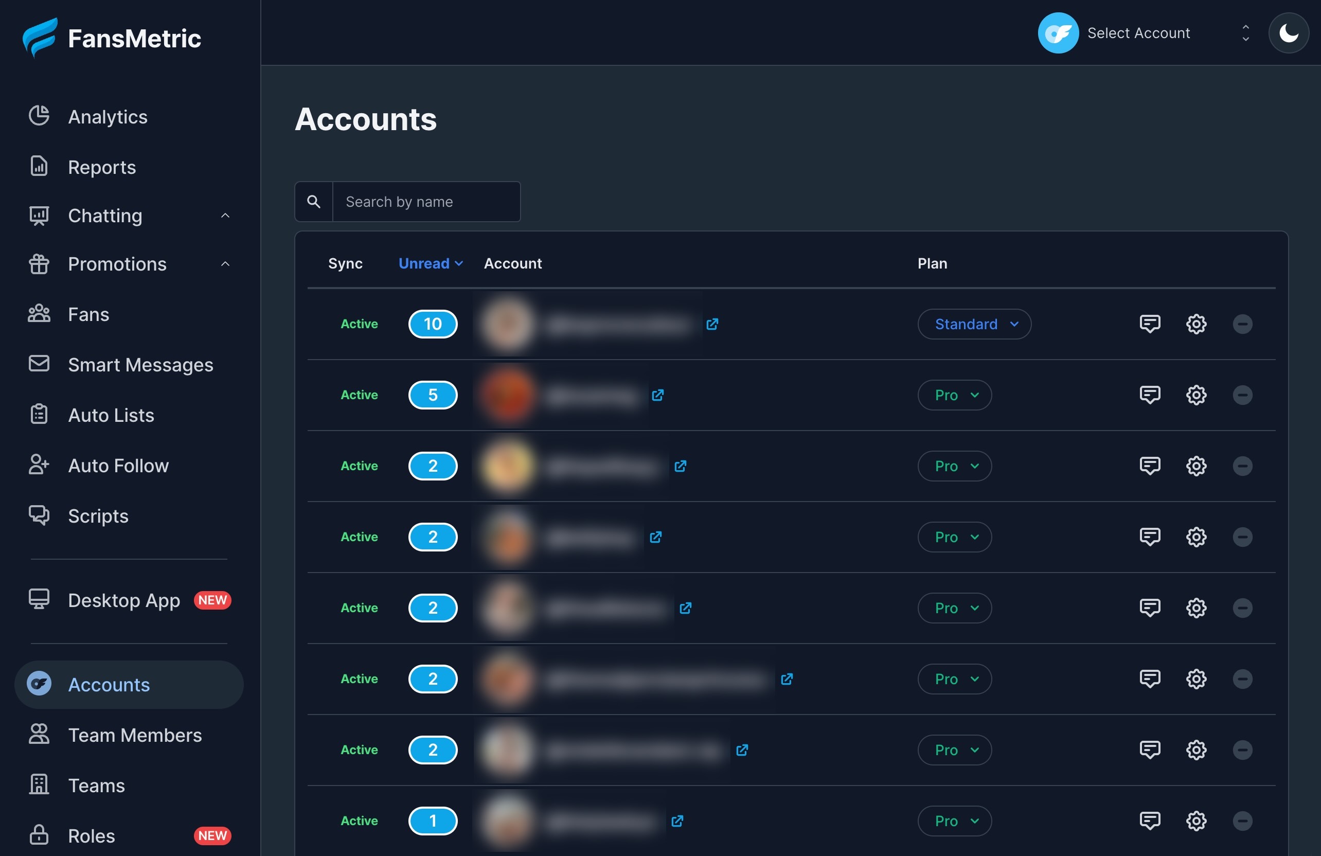 fansmetric agency dashboard showing linked onlyfans accounts 