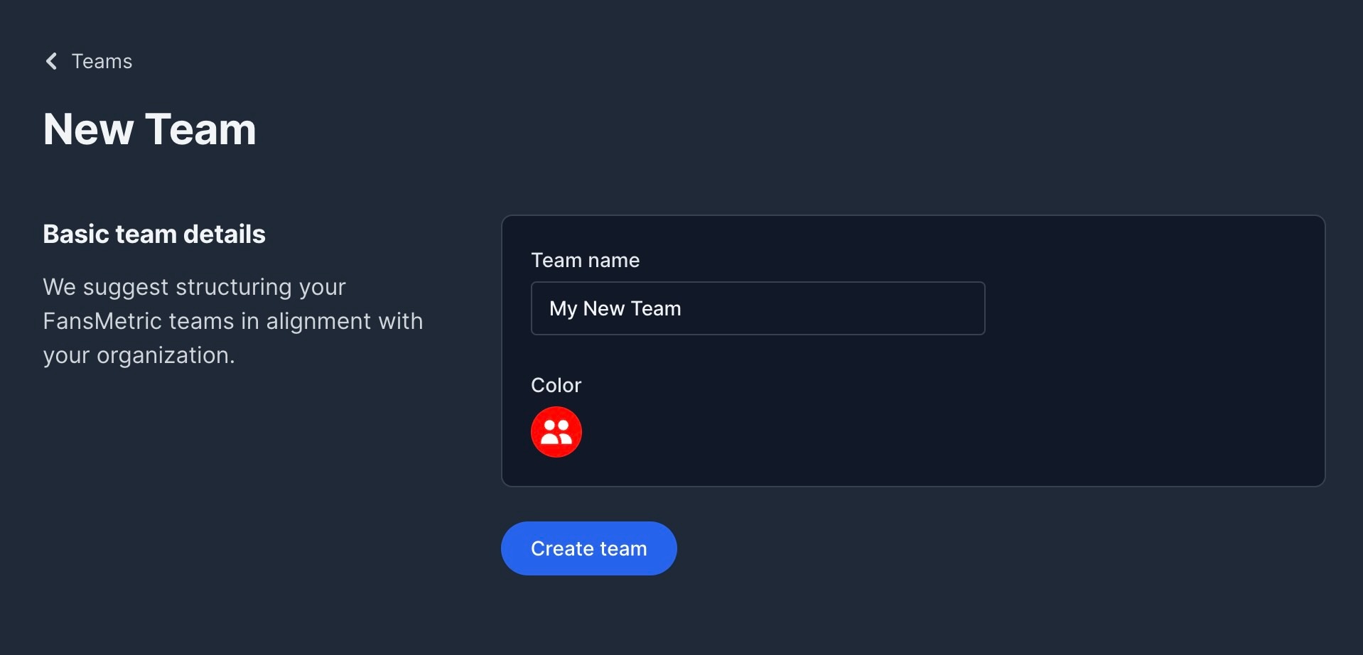 create new team fansmetric