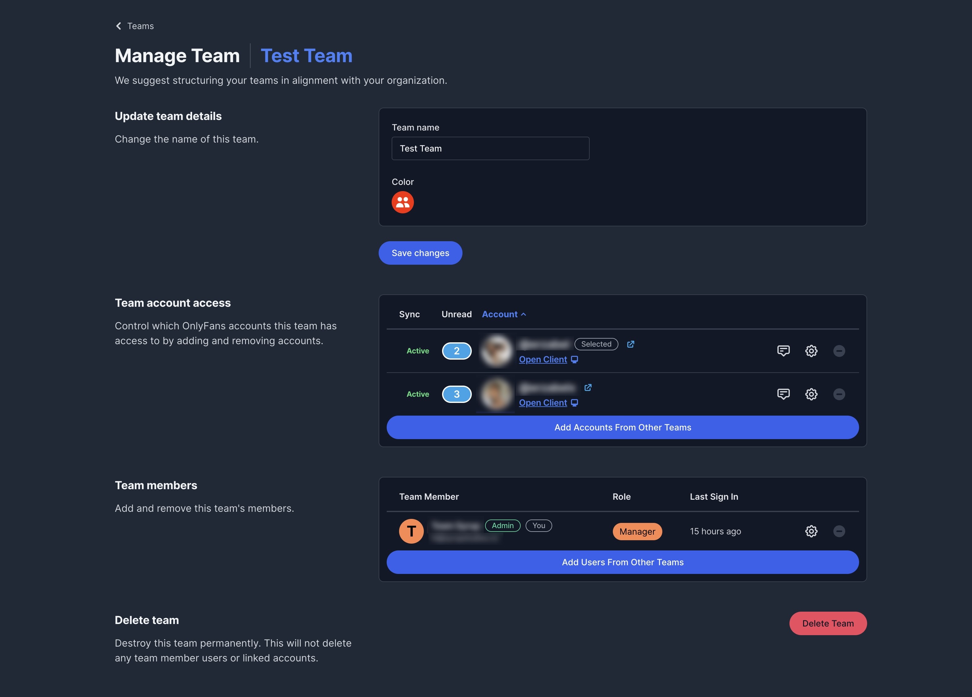 manage team on fansmetric